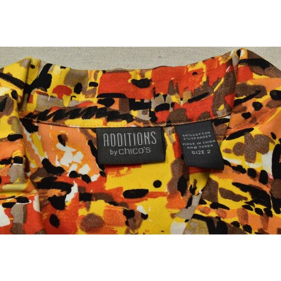Chico's Additions Women's Size 2 L Orange Abstract Cotton Blend Button-Up Top - Picture 6 of 8
